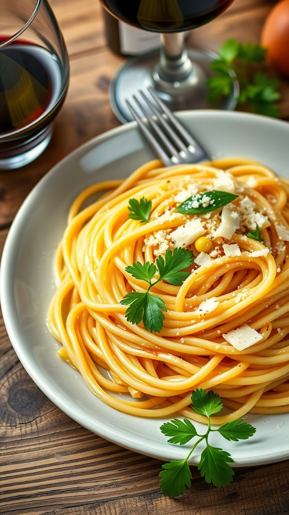 A plate of spaghetti with garlic sauce, parsley, and Parmesan cheese on a wooden table with a glass of wine.